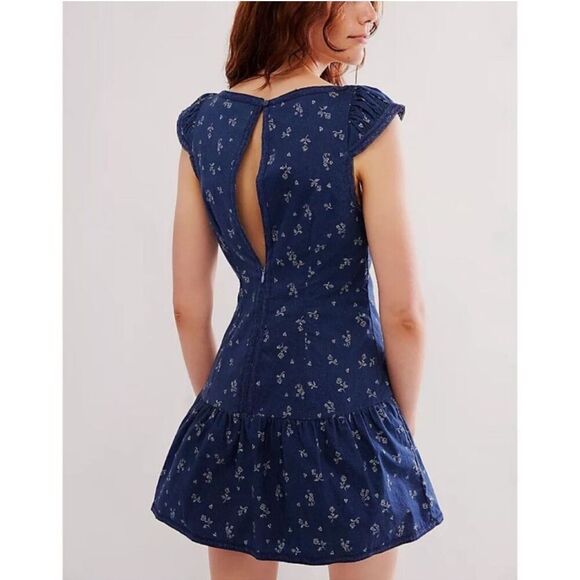 NWOT Free People Beasley Floral Drop Waist Babydoll Mini Dress Navy Combo Sz XL - Picture 2 of 15